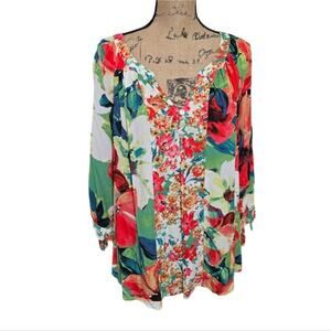 Anthropologie x Fig and flower Red and Green Floral Patchwork Shirt Plus Size 1X